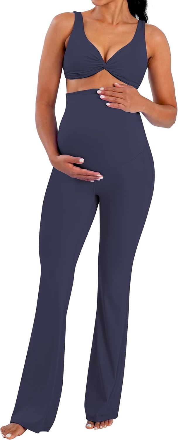 Sunzel Maternity Flare Leggings with Pockets Over The Belly, Buttery Soft Pregnancy Wide Leg Yoga Pants - Image 3
