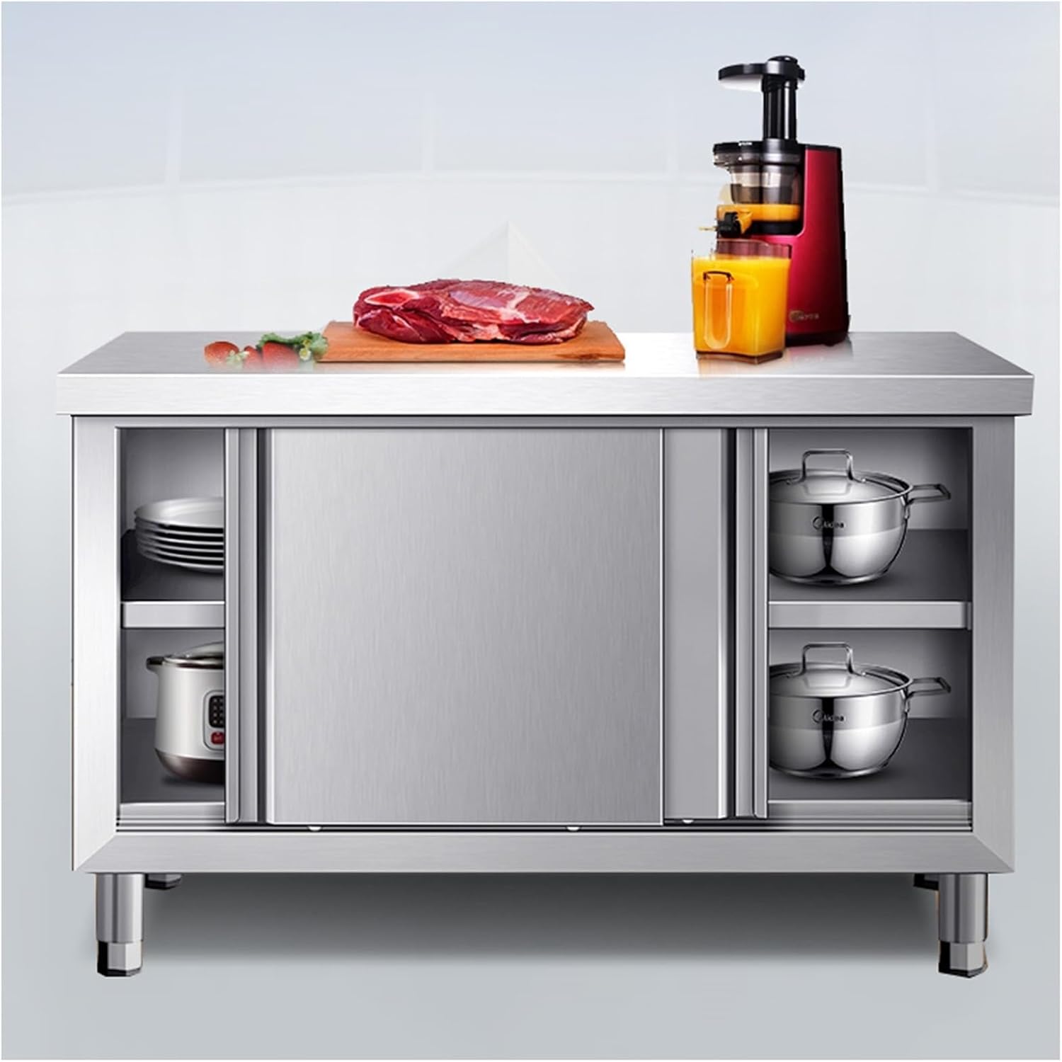 Stainless Steel Storage Cabinet with Sliding Doors - Multi-Function Work Table for Commercial Kitchens, Prep & Chopping Stations, Durable Metal Casework, Heavy-Duty Countertop