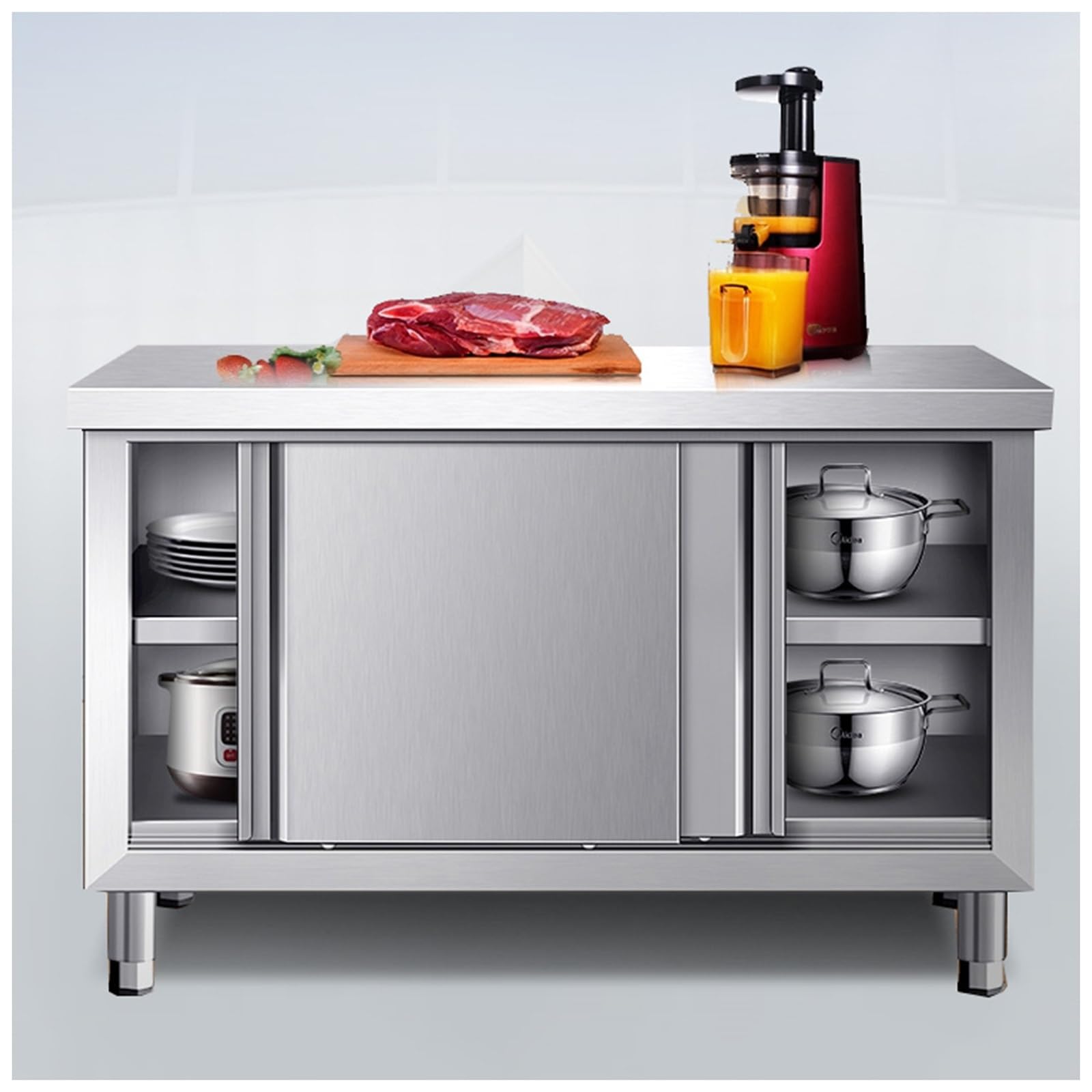 Table de travail durable en acier inoxydable avec meuble de rangement à portes
