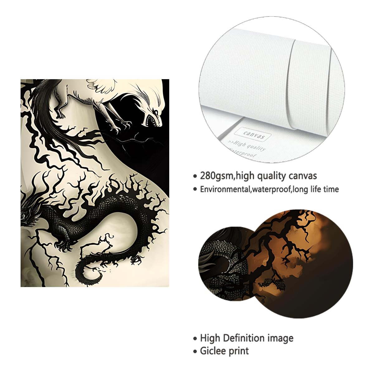 Via Vela Yin Yang Dragon Toile Art Mural Mystique Noir Blanc Affiche Oeuvre D’animaux Impressions Art Oriental Animaux Mythiques Pour Salon Décoration Intérieure 40x40cm Cadre Intérieur