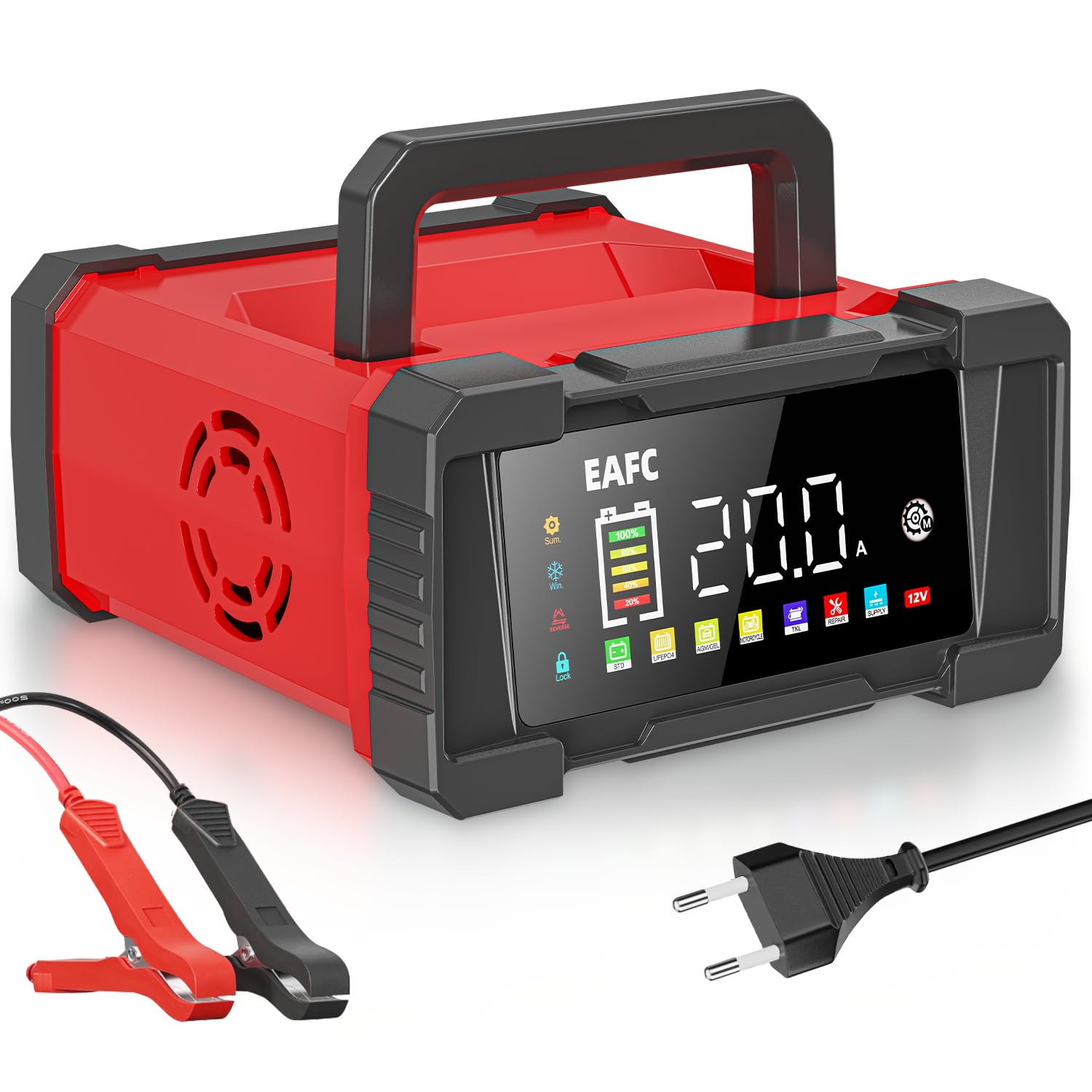 20A Portátil Cargador Baterias Coche, 12V/24V Cargador de Batería de Coche, Carga En 9 Etapas, Modo De Reparación, Cargador Bateria Coche para STD, AGM, EFB, Gel, SLA, LiFePO4, Moto