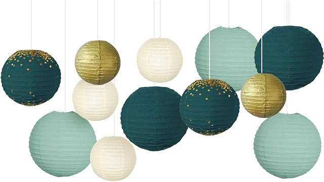 NICROLANDEE Wedding Party Decorations - 12Pcs Green Gold Hanging Paper Lanterns For Rustic Style Spring Decor Bridal Shower Baby Shower Birthday Eucalyptus Neutral Party Decor