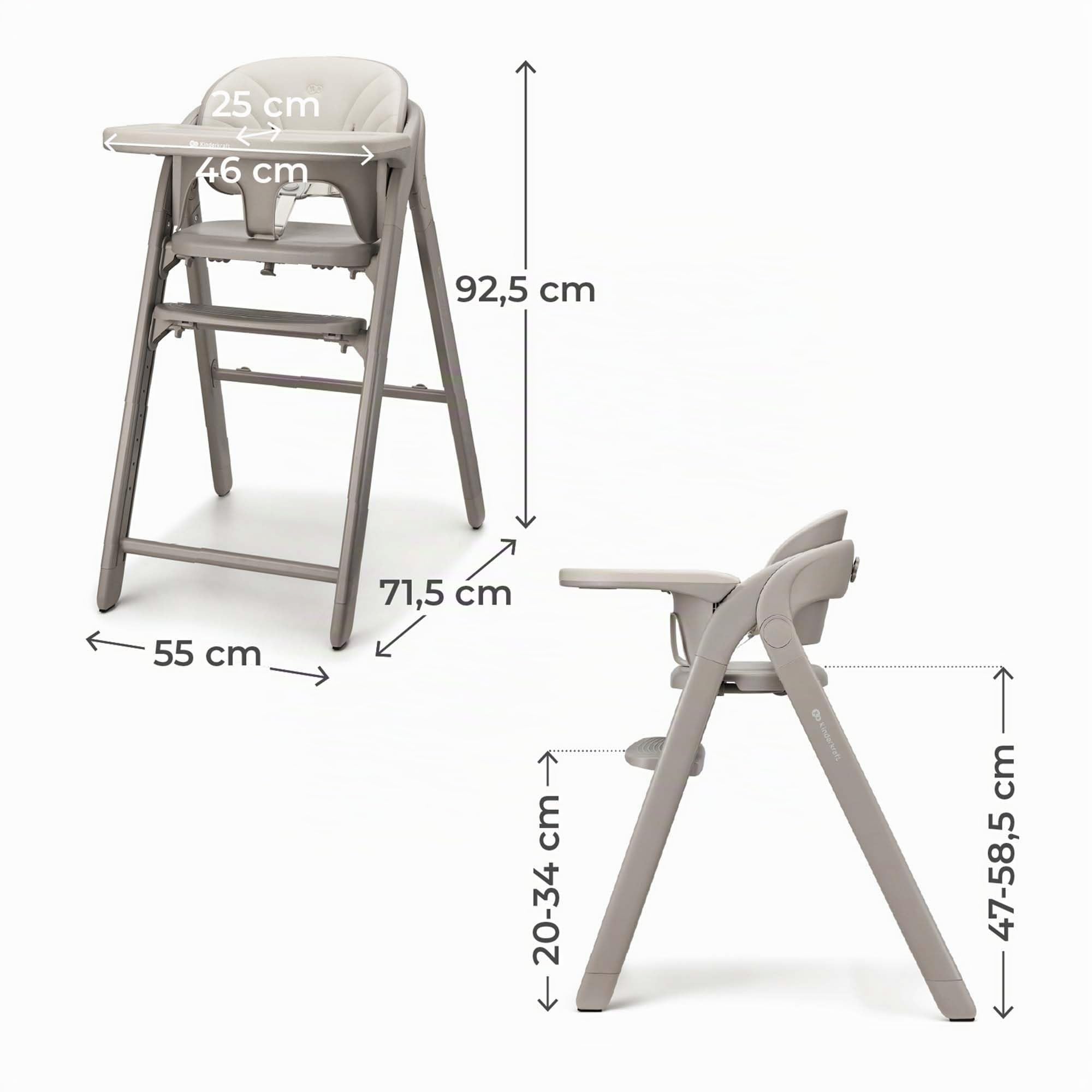Kinderkraft TINO Trona 3 en 1, Ajustable, Reposapiés y Asiento Regulables, Arnés 5 Puntos, Bandeja Extraíble, Plegable, Fácil de Limpiar, Crece con el Niño, Beige