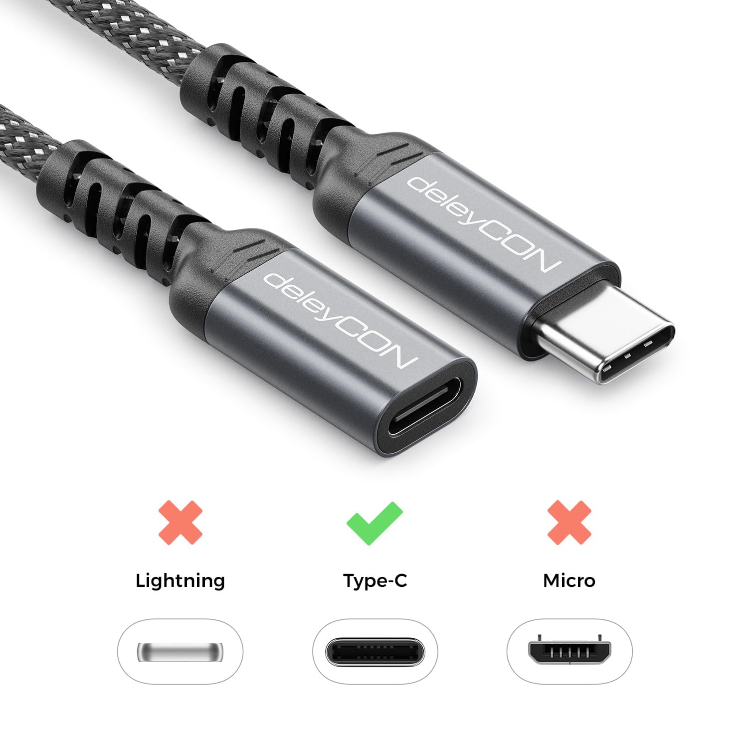 deleyCON 1m Prolunga USB-C 100W per Ricarica Rapida - Cavo PD 3.0 di Ricarica e Dati per iPhone 17 16 Pro Max Air Galaxy A16 A56 S25 S24 iPad MacBook Tablet Notebook