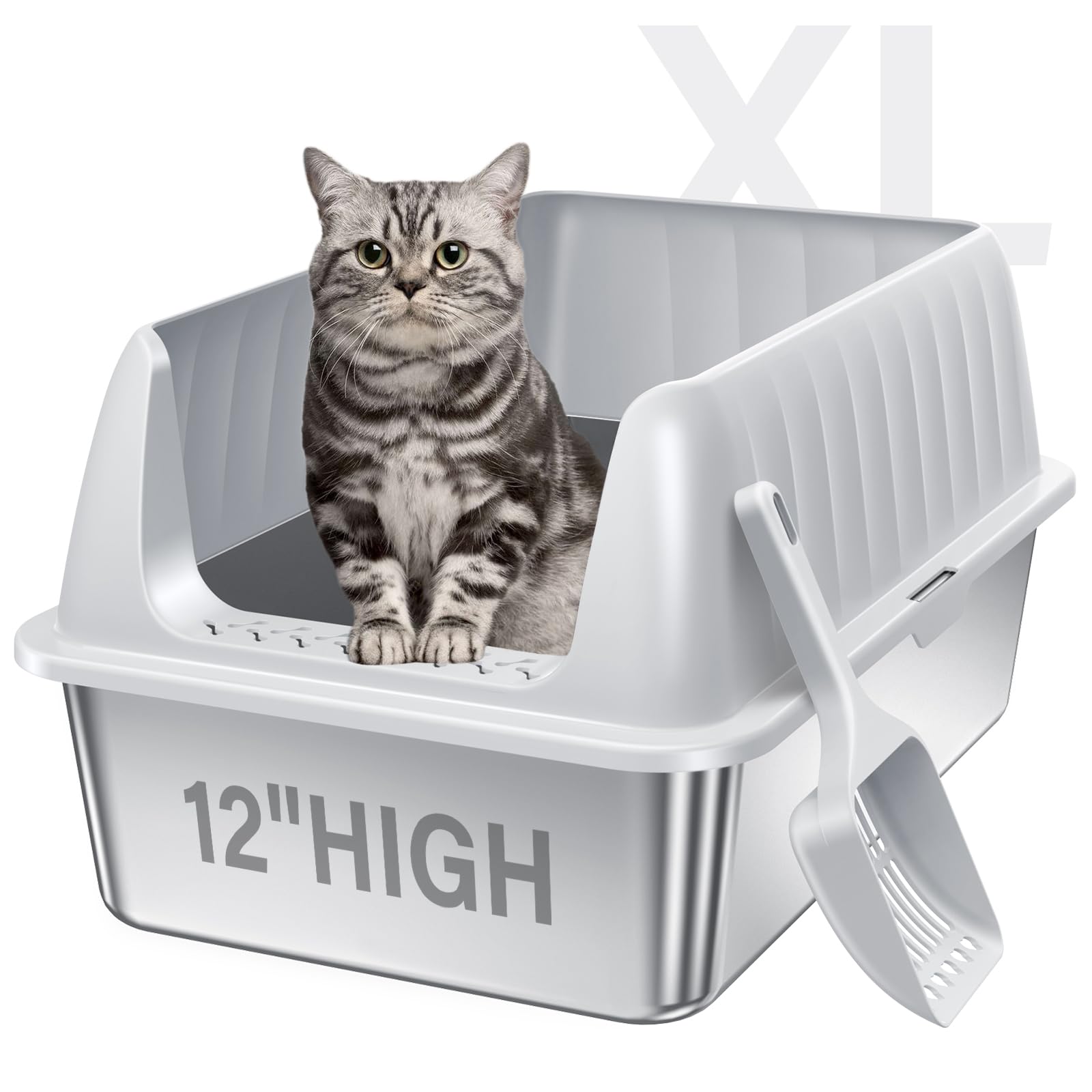 Stainless Steel Cat Litter Box XL with Lid, Enclosed Metal Extra Large Litter Box Pan High Sided with Scoop for Big Cats, Non-Sticky, Anti-Urine Leakage, Easy Cleaning