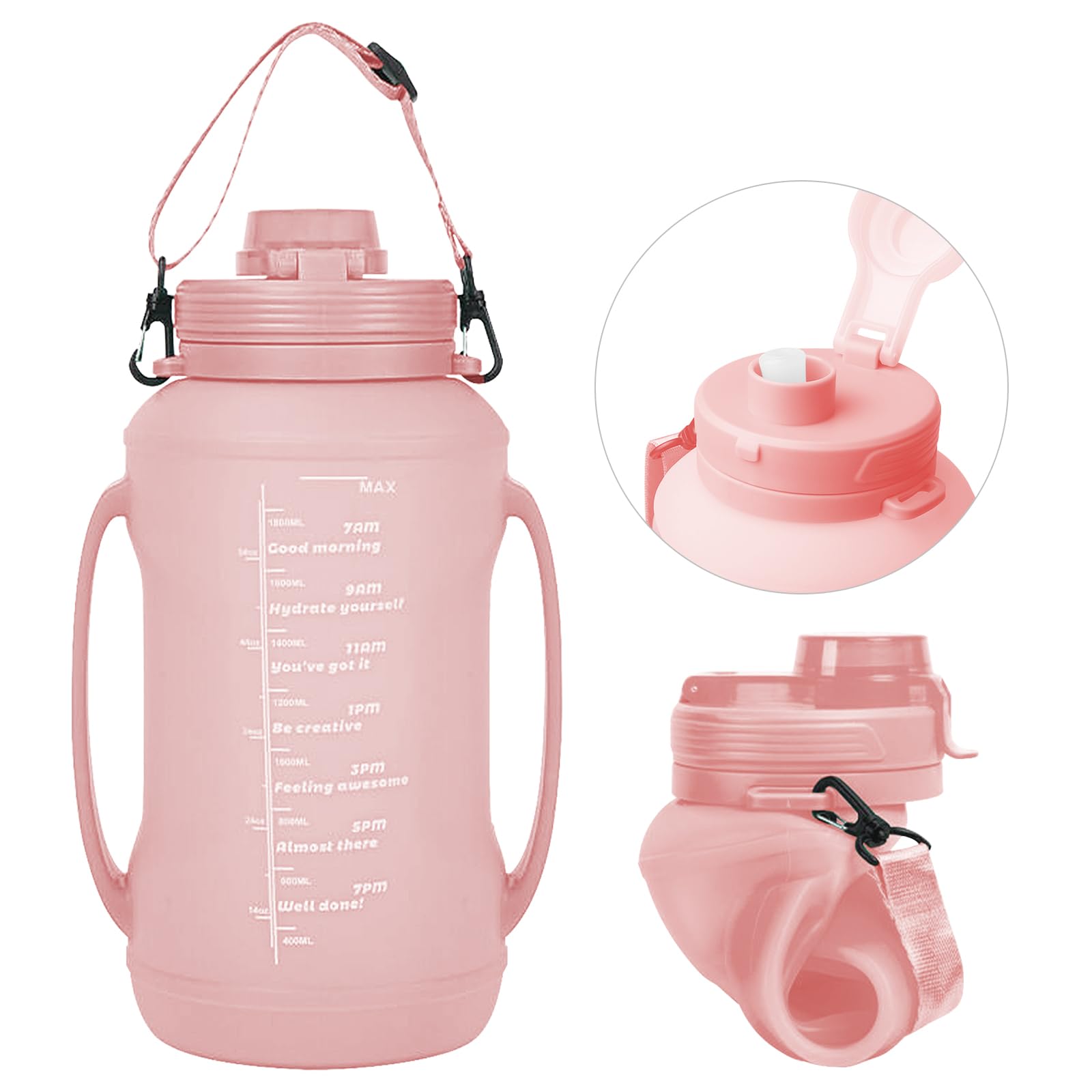 Byzesty Pink Collapsible Silicone Water Bottles, 2 Litre Foldable Water Bottle, Portable Foldable Water Bottle, Leak-Proof Water Bottle With Time Marking And Straw For Hiking, Camping, Climbing (Pink)
