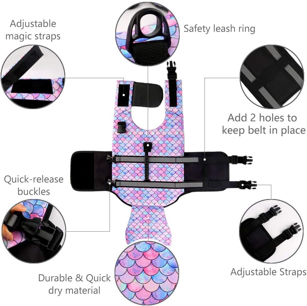 Dog Life Jacket Ripstop Pet Safety Floatation Vest Adjustable Dog Life Preserver Reflective Durable Rescue Handle Pet Lifesaver for Small Medium Large Dogs Swimming Beach Boating（Mermaid, M）