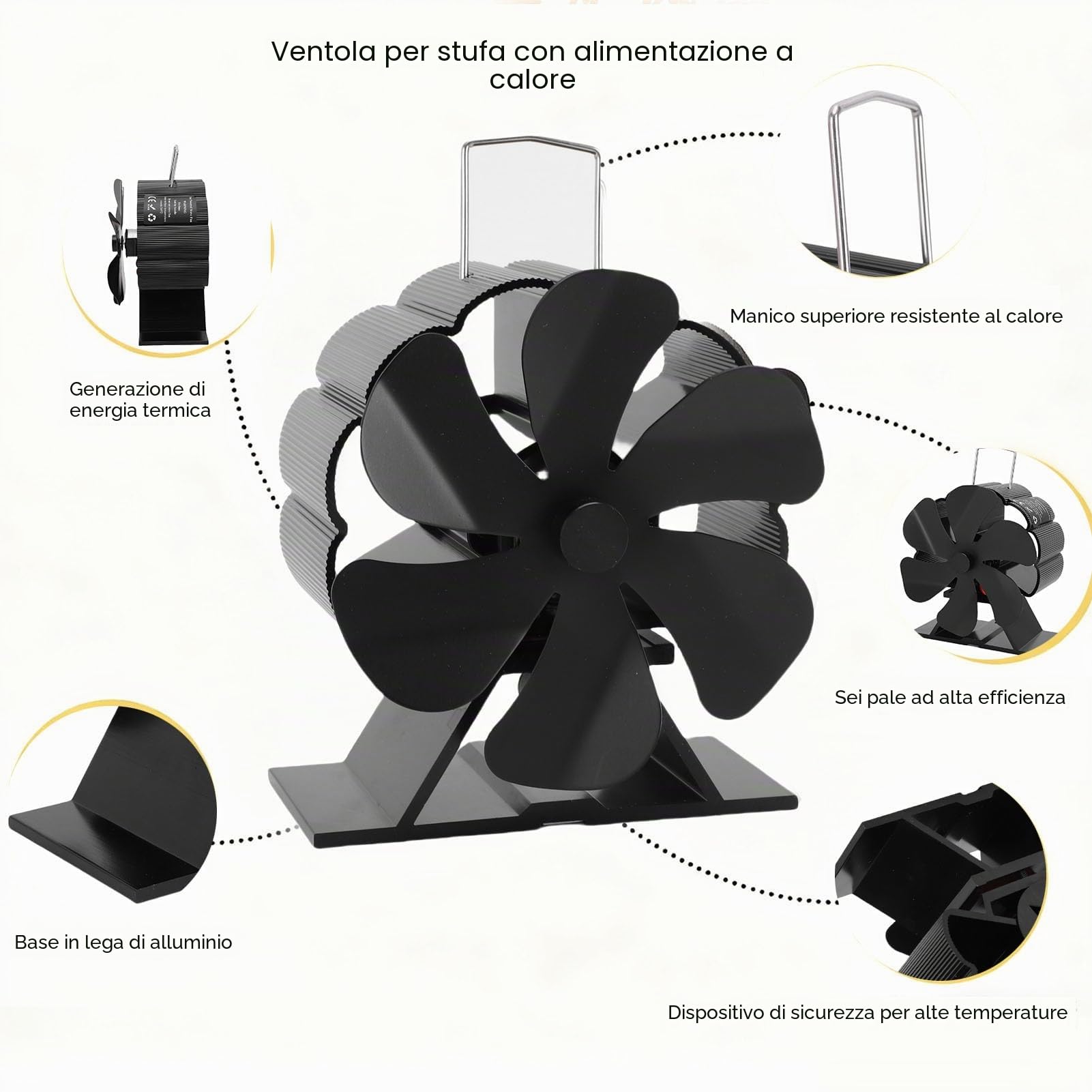 FTVOGUE Ventilatore stufa legna alluminio | Termico, senza elettricità, +80% flusso, per camino