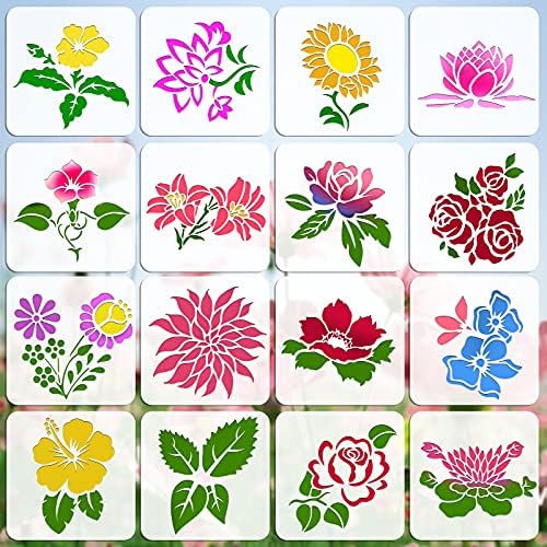 OOTSR 16Pcs Flower Painting Stencils for Craft Reusable, DIY Drawing Painting Craft Stencils, Flower Stencils Templates for Painting, Drawing, Furniture, Wood, Floor, Wall Home(15x15cm)