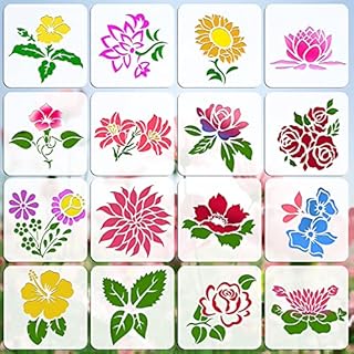 OOTSR 16Pcs Flower Painting Stencils for Craft Reusable, DIY Drawing Painting Craft Stencils, Flower Stencils Templates for Painting, Drawing, Furniture, Wood, Floor, Wall Home(15x15cm)