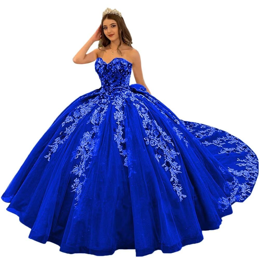 Mouccy Luxury Lace Strapless Quinceanera Dresses Puffy Beaded Long Ball Gowns with Train 3D Floral Sweet 16 Dresses with Bow