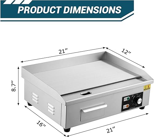 Miniatura 2 de Parrilla eléctrica comercial de 21 pulgadas, parrilla Teppanyaki de 1600 W con parte superior plana para desayuno, antiadherente, parrilla de acero
