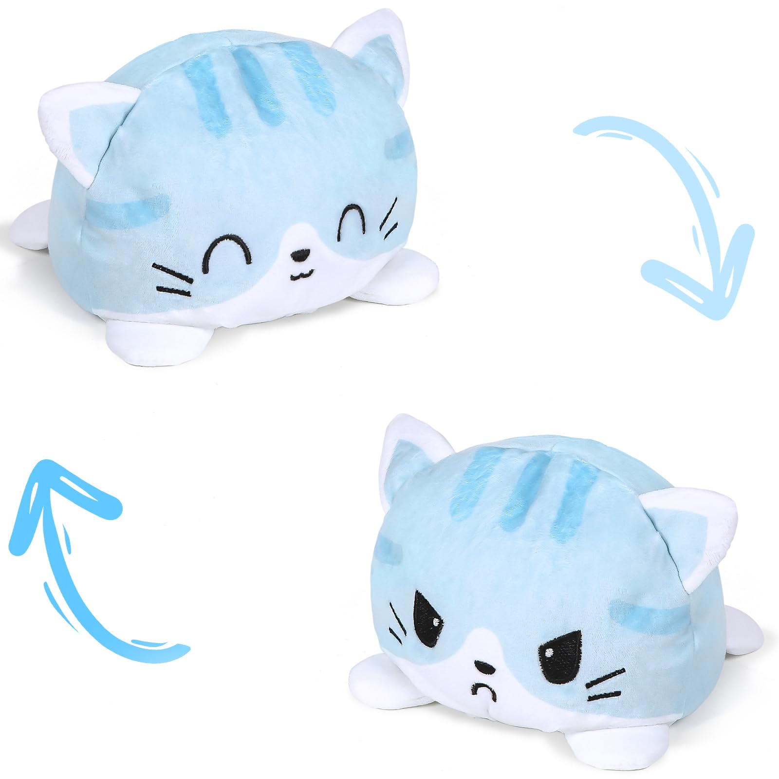 Thedttoy Reversible Cat Plush Soft Toy Happy Sad Cat Emotion Kitten Double-Sided Flip Doll Show Your Mood Without Saying A Word Cute Small Stuffed Animal Birthday Present For Kids Blue