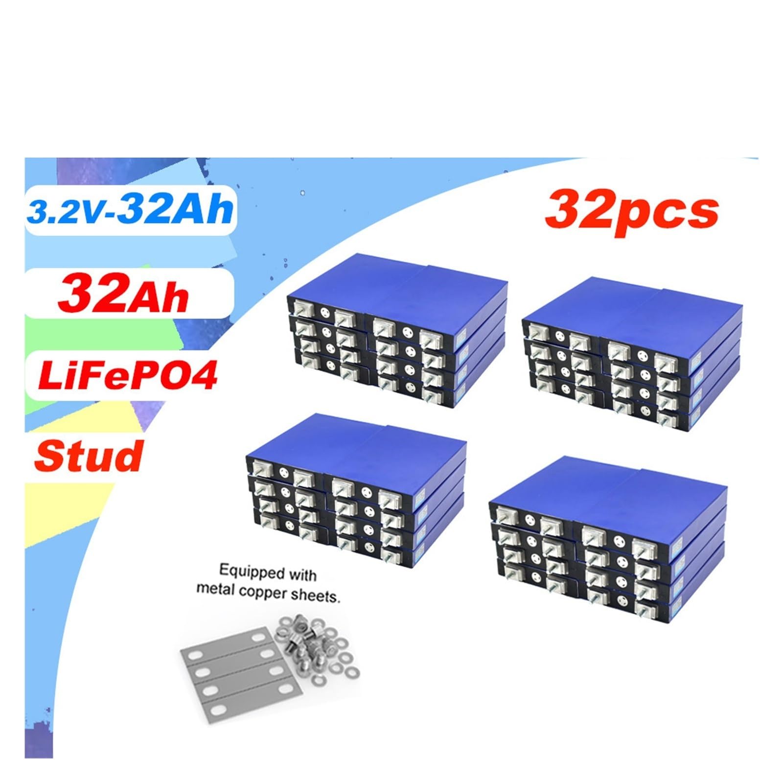 For VariCore 3.2V 30Ah Lifepo4 Batteries 4S 12.8V 24V Lithium Fer Phosphate Batterie Solaire Moto Véhicule Électrique Goujon(32PCS 3.2V 32Ah)
