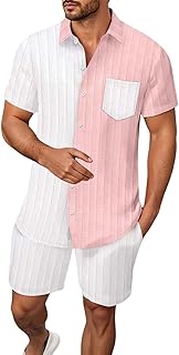 Traje de verano para hombre, 2 piezas, camisa de bloque de color + pantalones cortos elásticos, 2 piezas, botones, solapa, chándal, muselina, gimnasio, transpirable, traje deportivo