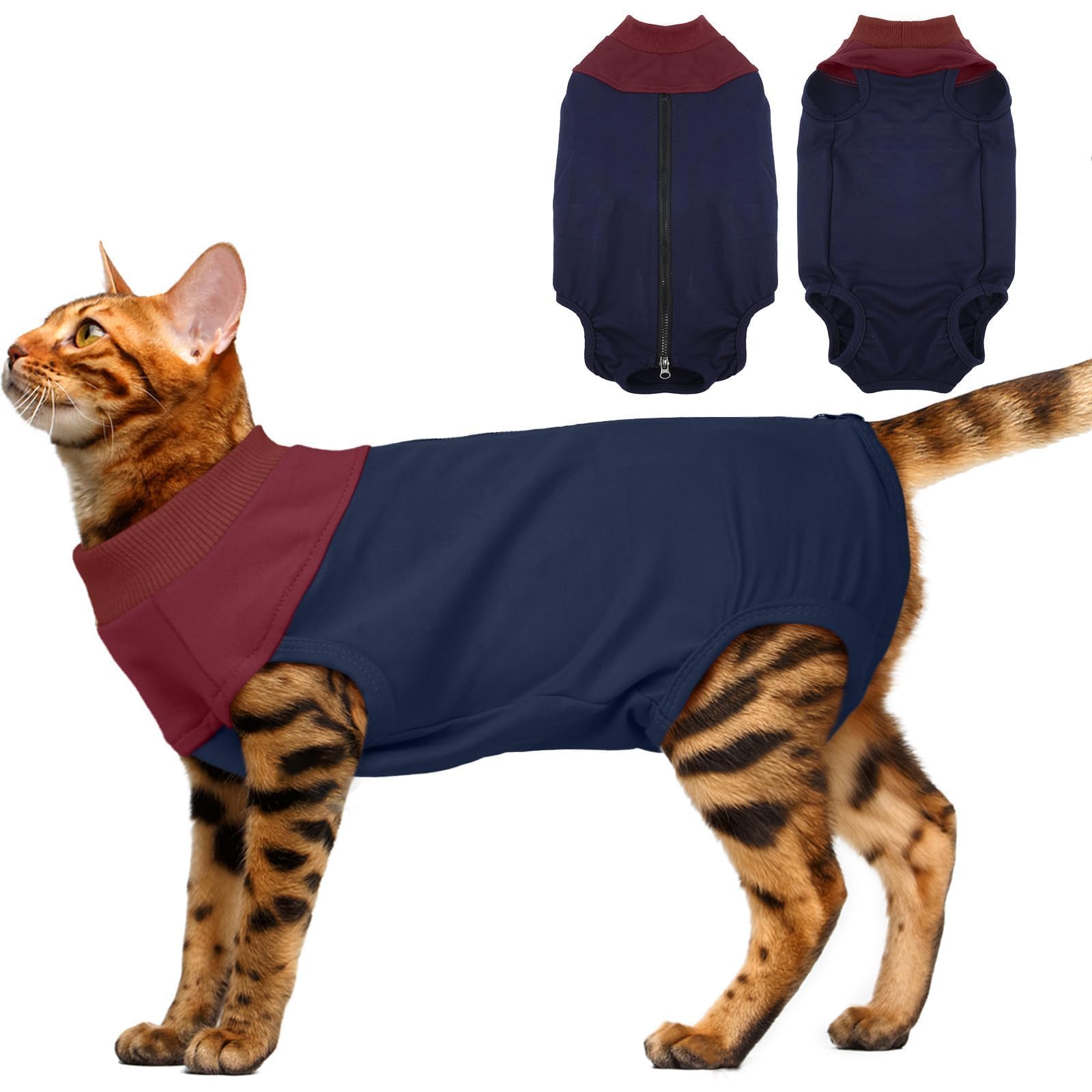 Small Cat Recovery Suit for Female Cats,Post-Surgery Onesie with Breathable Fabric & Back Zipper,Anti-Licking Design for Spay/Neuter Recovery,Navy Blue (Size S)