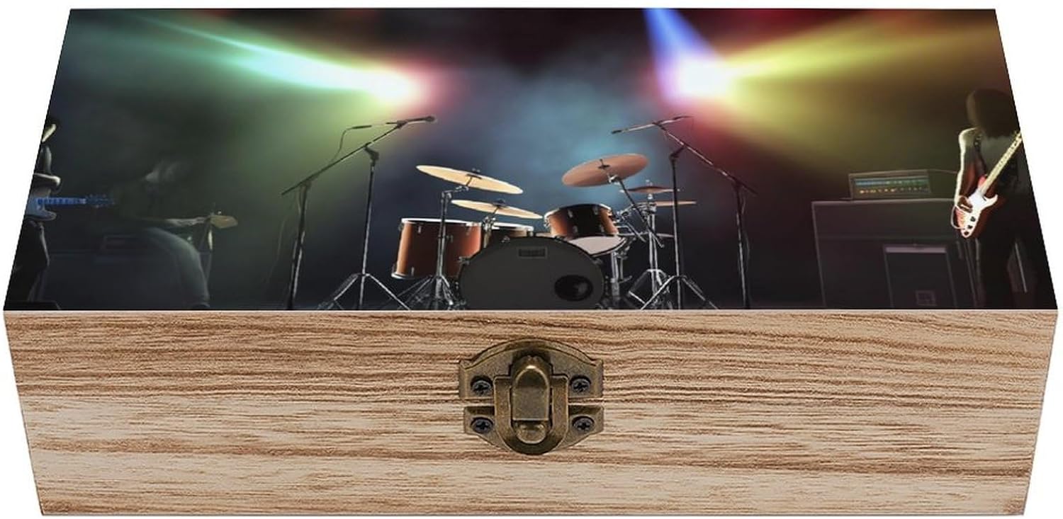 Rock Band Stage Memory Jewelry Wooden Box, Large Wooden Treasure Chest Boxes with Hinged Lid, Photos Storage Case for Women Men, Wooden Keepsake Box, 7.9'' X 3.9'' X2.3''