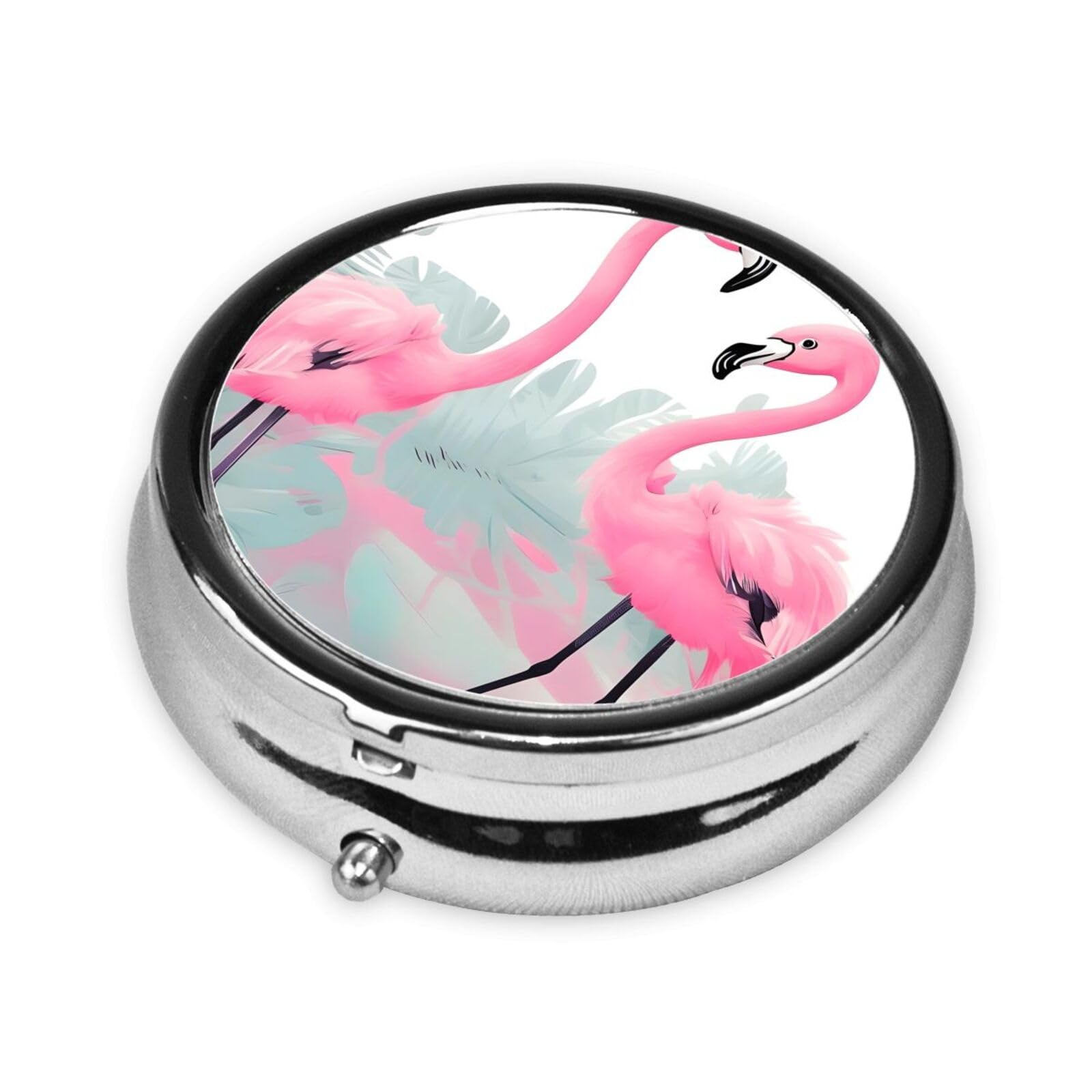 Cute 3-Compartments Round Pill Box Pink Flamingo Small Pill Case Portable Medicine Dispenser,for Pocket Purse