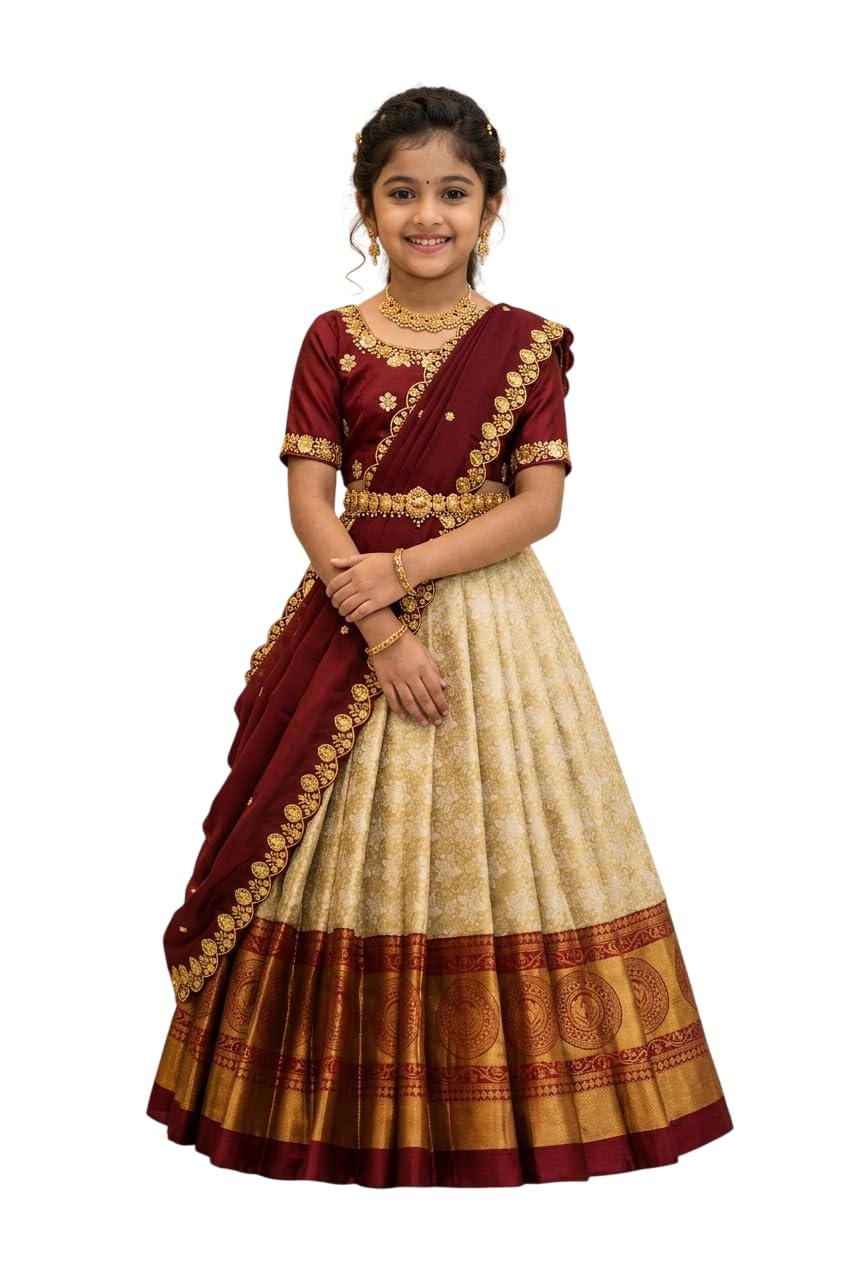 White Button New latest half Saree South Indian Langa Voni pattu pavadai lehenga choli for girls