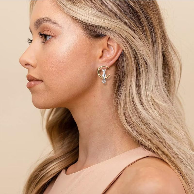 coadipress Cat Moon Earrings for Women Funny Cat Earrings Elegant Cat and Moon Stud Earrings Cute Animal Pet Earrings Cartoon Cat Cartilage Stud Earrings Jewelry Gifts - Image 4