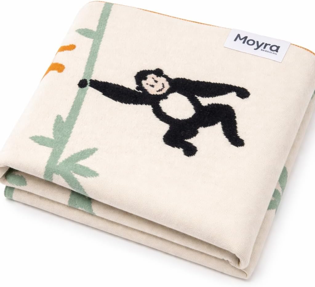 Baby Blanket Knitted Cotton | Soft, Cozy & Breathable Newborn & Infant Blanket | Cute Animal Prints| Lightweight Stroller, Crib, Receiving Blanket (Monkeys)