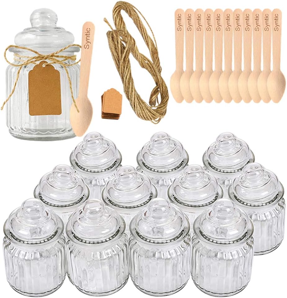 Syntic 12 Pcs 8 oz Spice Jars/Glass Food Storage Jars with Airtight Seal, Glass Canister Jars for Jam, Herbs, Spices, Coffee, Sugar, Extra Tag Strings and 12 Disposable Wooden Dessert Spoons Included