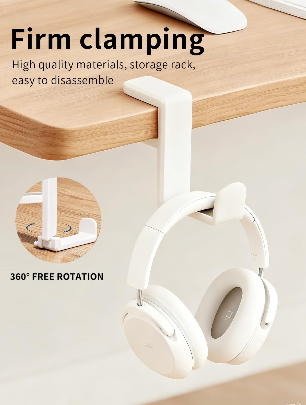 Gancio per cuffie, supporto per cuffie da scrivania, supporto per cuffie da gioco per PC, con girevole a 360 gradi e organizer per cavi (bianco)