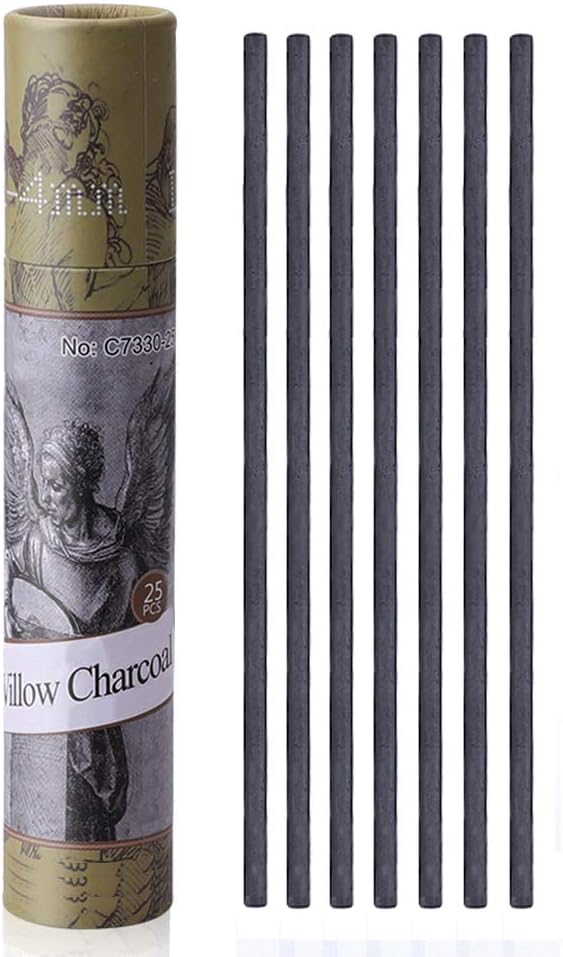 MyArTool Artist Willow Charcoal Sticks for Sketching and Drawing, Approx. 2-4mm Dia, 25 Sticks
