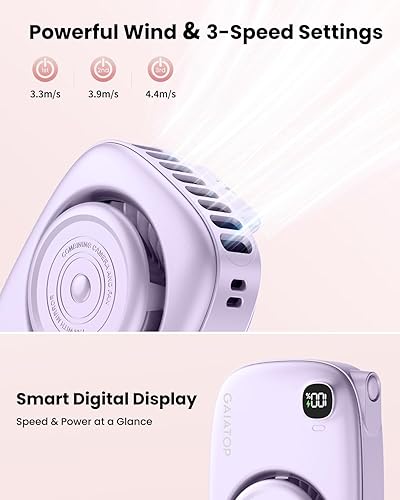 Miniatura 6 de Gaiatop Mini ventilador de cuello, uso de escritorio de mano recargable, pantalla de alimentación LED, espejo giratorio de 3 velocidades de 360 para