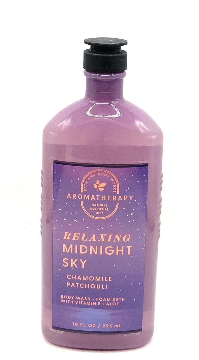 Bath and Body Works Aromatherapy Relaxing Midnight Sky Chamomile Patchouli Body Wash and Foam Vitamin E & Aloe 10 Fluid Ounce