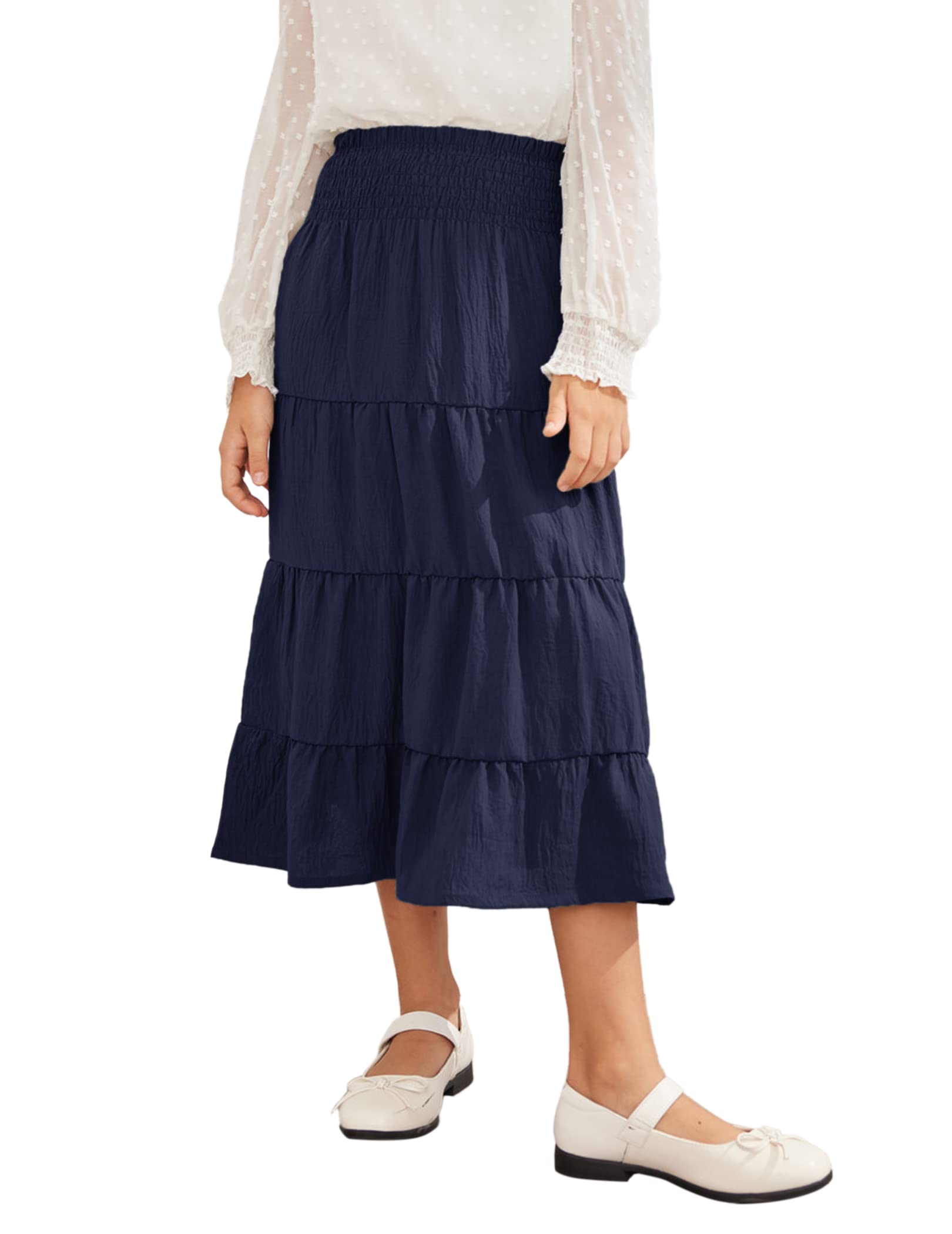 HopeacGirls Maxi Skirt Linen Cotton High Waist Tiered Elastic Smocked Boho Casual Flowy Lining Midi Long Skirts with Pockets