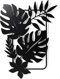 nbeads Decorațiune de perete din metal în formă de frunză de palmier, siluetă de frunză tropicală neagră, 30 x 21,9 cm, pentru dormitor, baie, bucătărie, birou, grădină, hotel