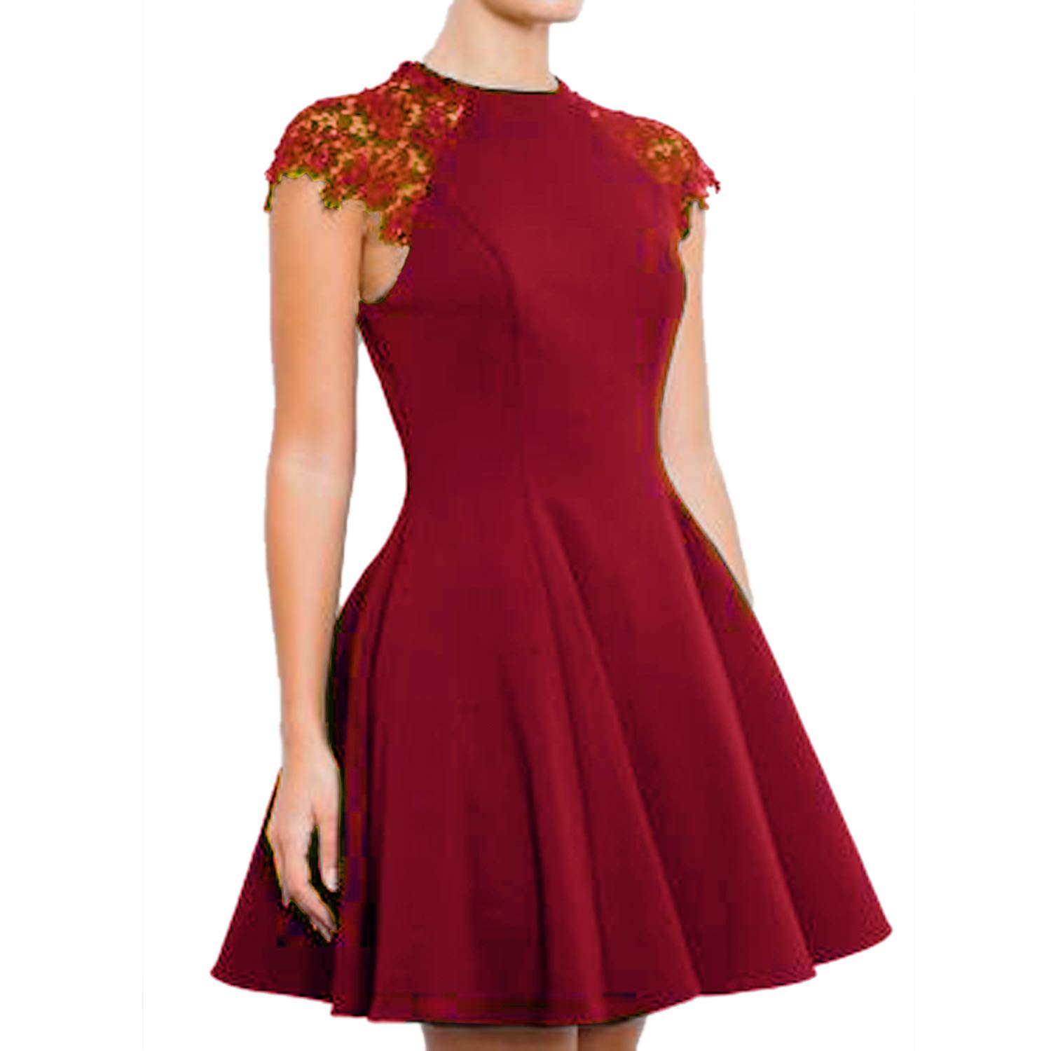SUNNOW Women's Sleeveless Lace Patchwork A Line Short Mini Casual Dress (XL, Red)