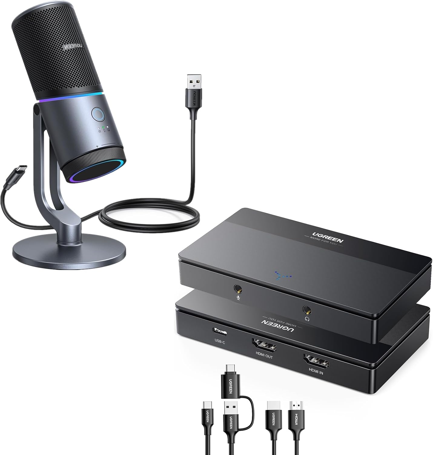 UGREEN 4K Video Capture Card, Full HD 1080P 60FPS USB/Type-C 3.0 HDMI Video Capture Device Bundle Microphone for PC, USB Mic with RGB Lights, Mute Button, 24bit/96kHz, Cardioid Polar