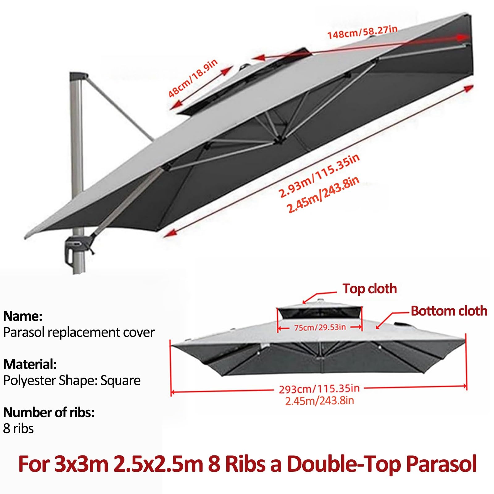 Auvent De Rechange Pour Déporté Parasol De Terrasse 3x3m 2.5x2.5m 8 Baleines Carré Toile De Rechange Tissu Résistant Au Mauvais Temps Pour Votre Parasol - Polyester 220G(Light gray,3x3m)