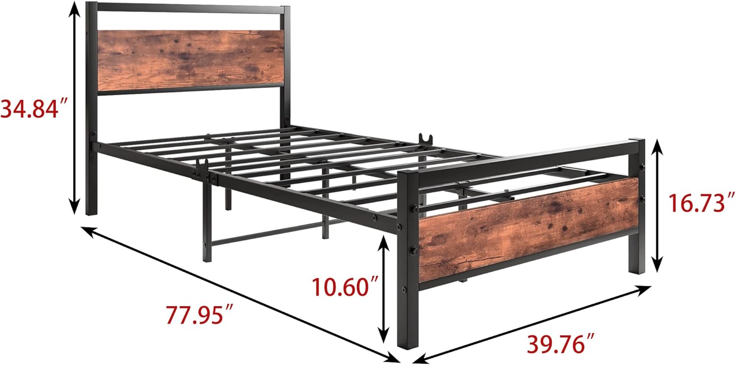 BOFENG Twin Bed Frame with Wood Headboard Farmhouse Bed,Single Bed Frame,Heavy Duty Metal Platform Bed Frame Twin Size No Box Spring Needed,Firm Mattress Foundation,Brown - Image 2