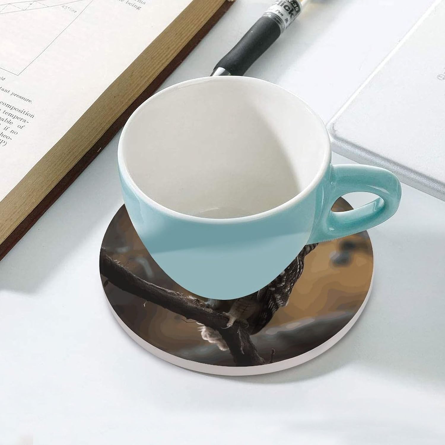 Owl Standing on The Tree Coasters Round Coasters Set Ceramic Stone Coaster with Cork Base Coffee Cup Beverage Cup Mat Cute Funny Table Drinks Coaster for Mugs and Cups Office Kitchen