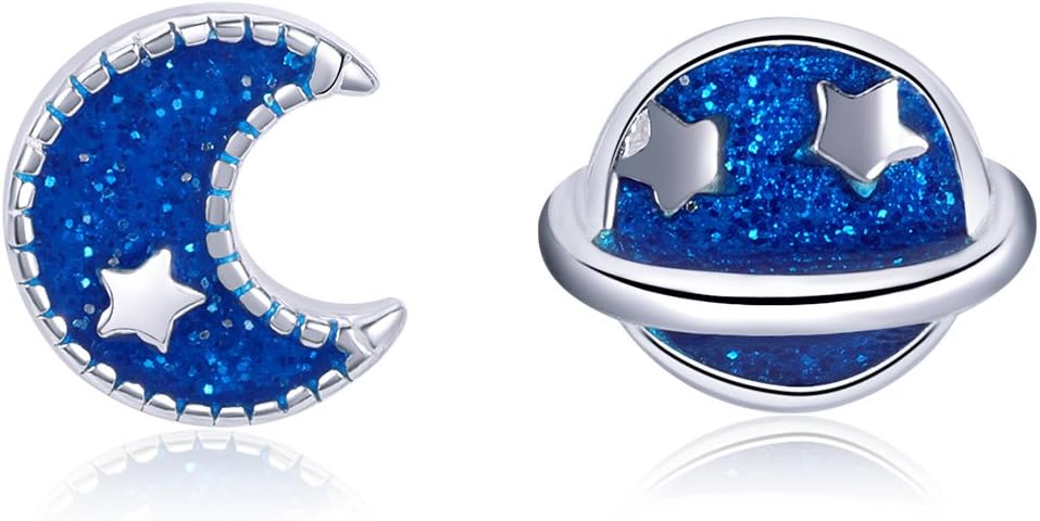 BISAER Moon Star Enamel Stud Earrings 925 Sterling Silver, Cute Small Planet Earrings Hypoallergenic Stud Earrings for Women And Girls,Thanksgiving Day Christmas Day Gifts.