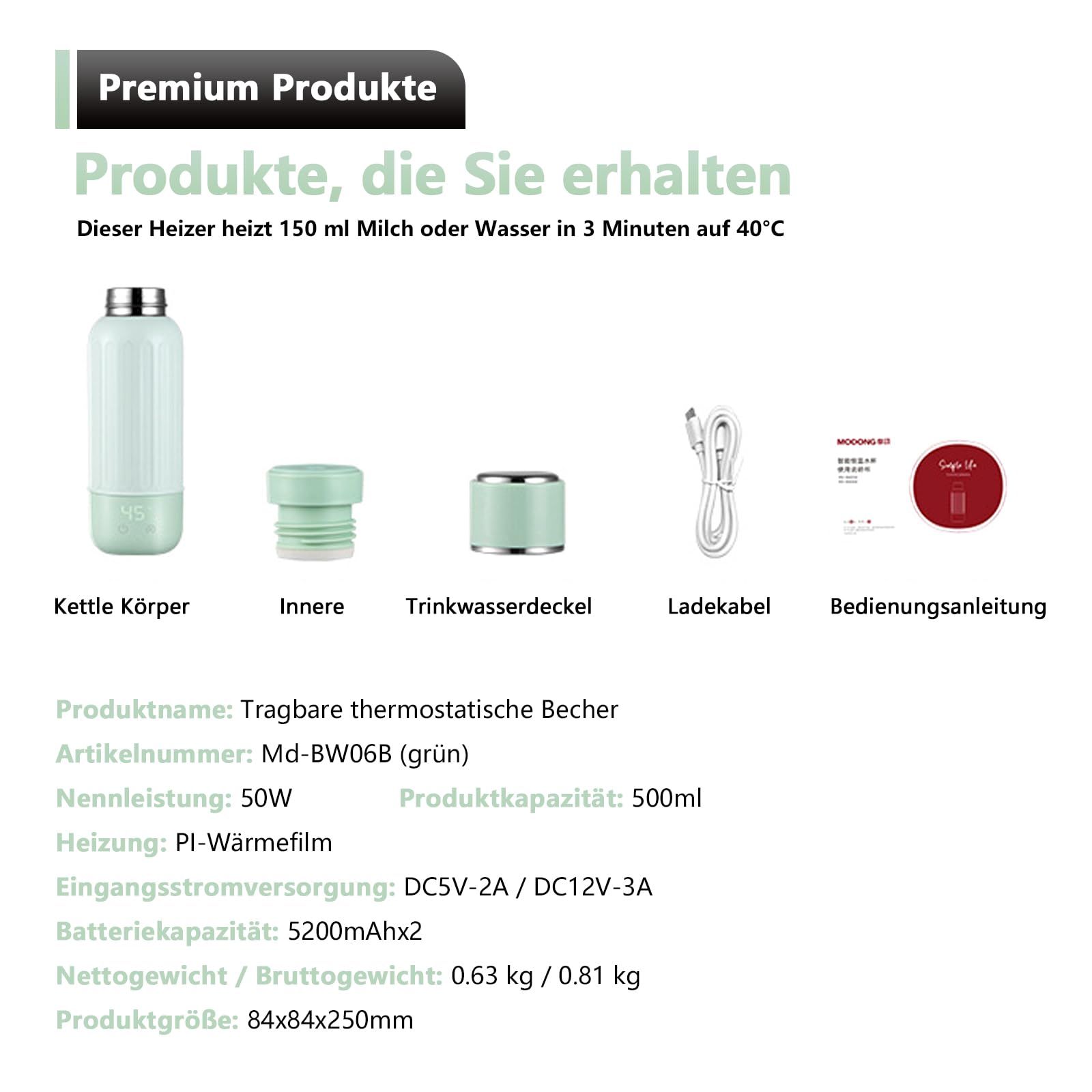 Tragbarer Flaschenwärmer Baby Unterwegs, Akku Thermoskanne 500ml, 37-55 °C Einstellbar, Mobiler Milchwärmer mit USB-C, 50W Schnelles Aufheizen für Auto, Reise, Muttermilch und Wasser
