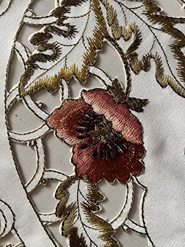 Christmas Dec Tablecloth European Brown Rose Polyester Cut Work Rustic Table Runner Beige Table Doily Embroidery Flower Fall Tablecloth Durable Washable Openwork Lace Table Cloth (15"X33" Oval) #TOP2