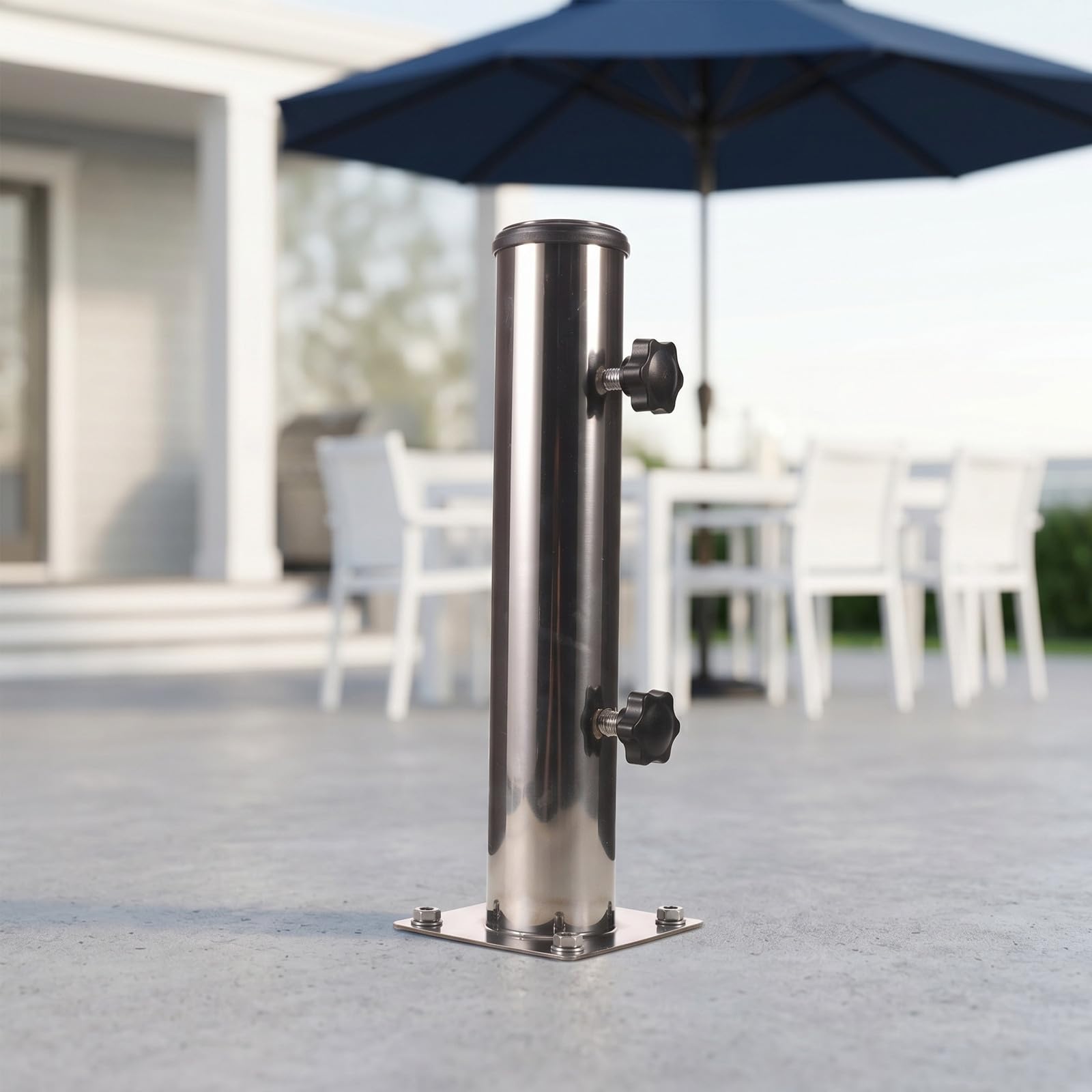 TOYANDONA Supporto in Esterno da Inox per Acciaio Ombrellone | Argento, Tubo Base con Viti di Fissaggio, Montaggio Semplice, Compatibile con Diverse Aste