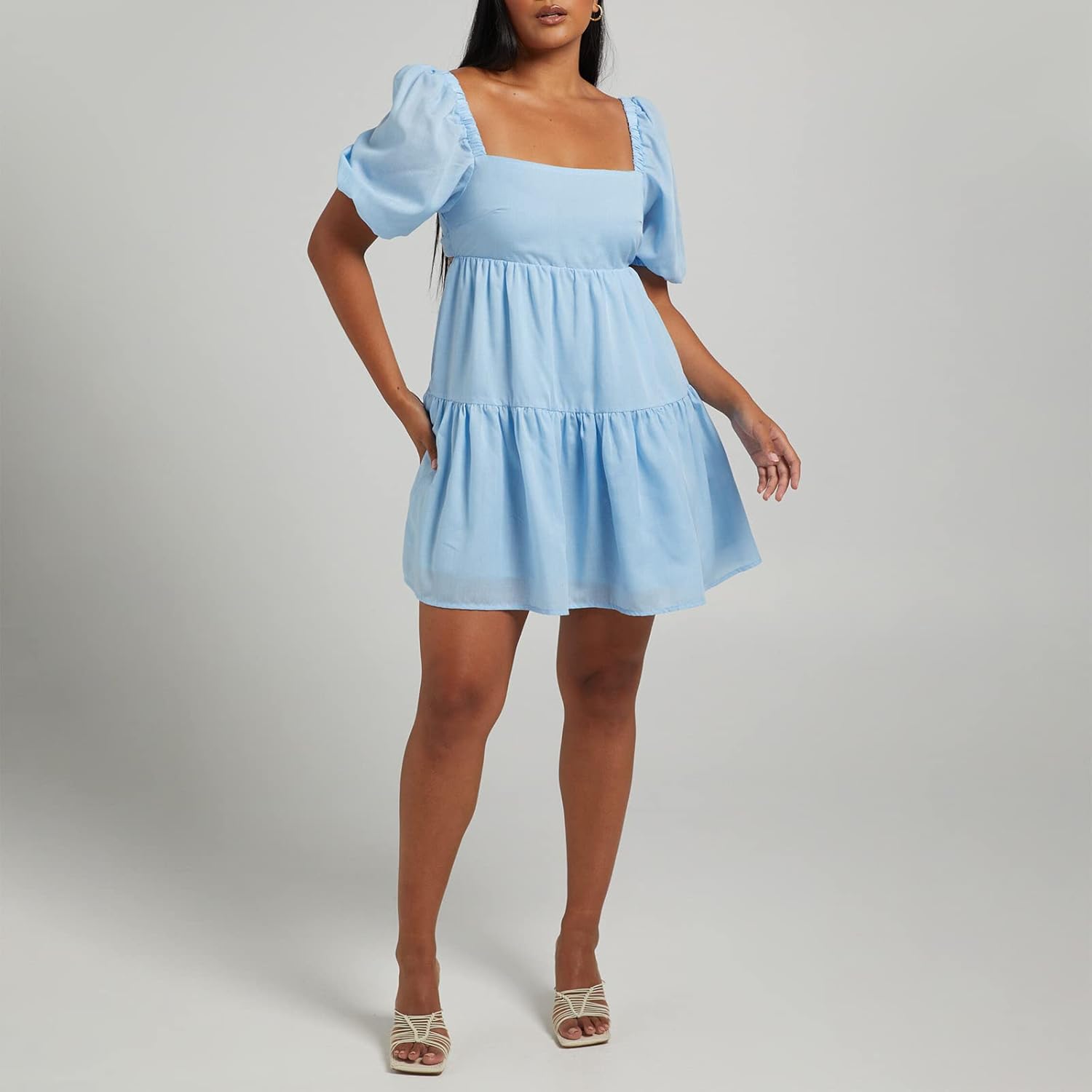 Shy Velvet Women's Casual Party Mini Summer Dresses Square Neck Short Bubble Sleeve Babydoll Dress - Image 3