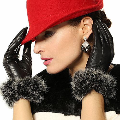 ELMA Feminine Winter Warm Nappa Leather Gloves Gold Plated Logo Rabbit Fur Trim