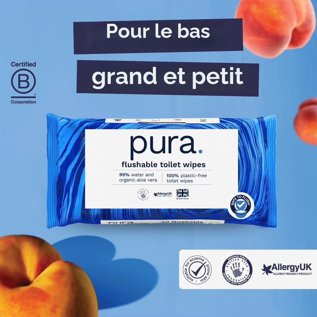 Pura Papier Toilette Humide, 560 Lingettes (14 x 40 Lingettes), Jetable Dans Les Toilettes, Lingettes Nettoyantes Pour Peau Sensible, 100% Sans Plastique, Fibres Naturelles