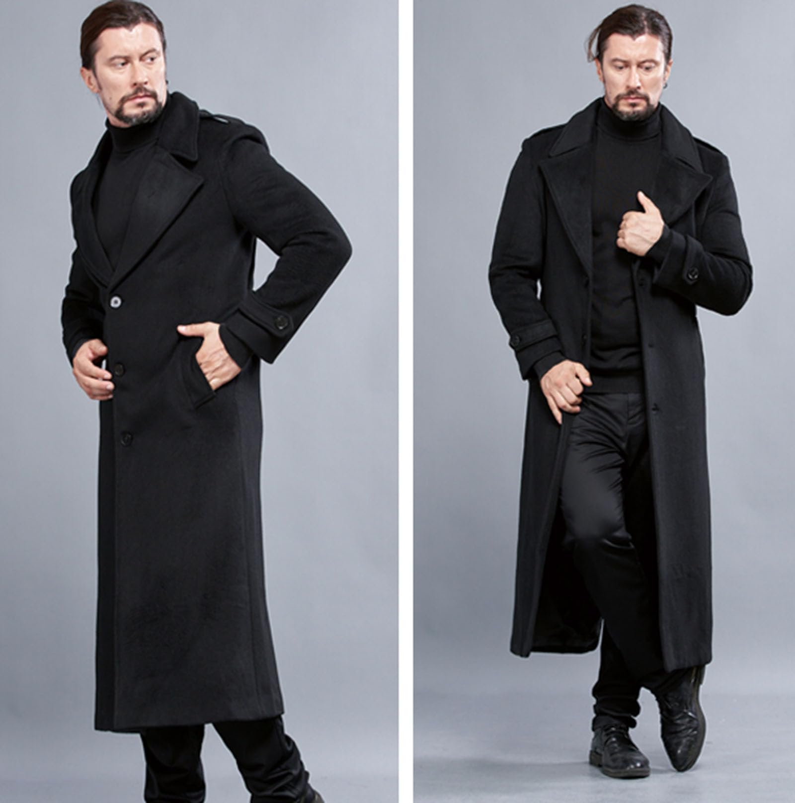 Trench Lungo da Uomo in Misto Lana, Monopetto, con Collo A Tacca, Stile Business, con Cintura,Nero,9XL