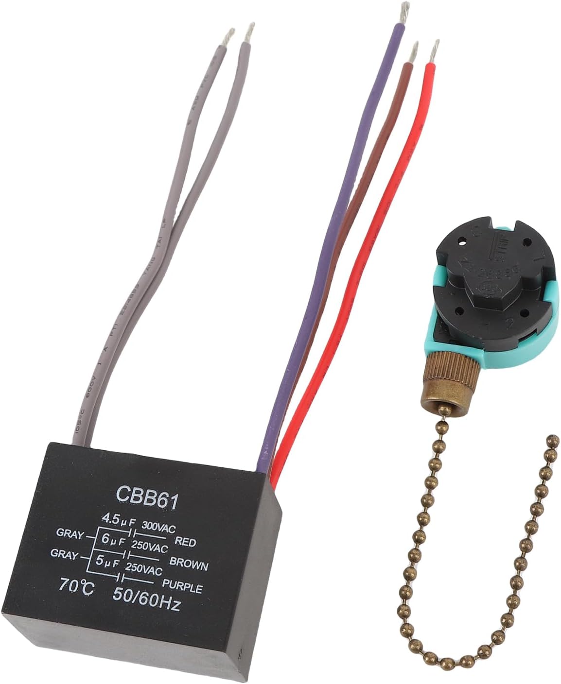 Precise Ceiling Fan Pull Chain Switch 3 Speed 4 Wire CBB61 Capacitor for Fan Light Control, Universal Component for Various Brands, ABS Material