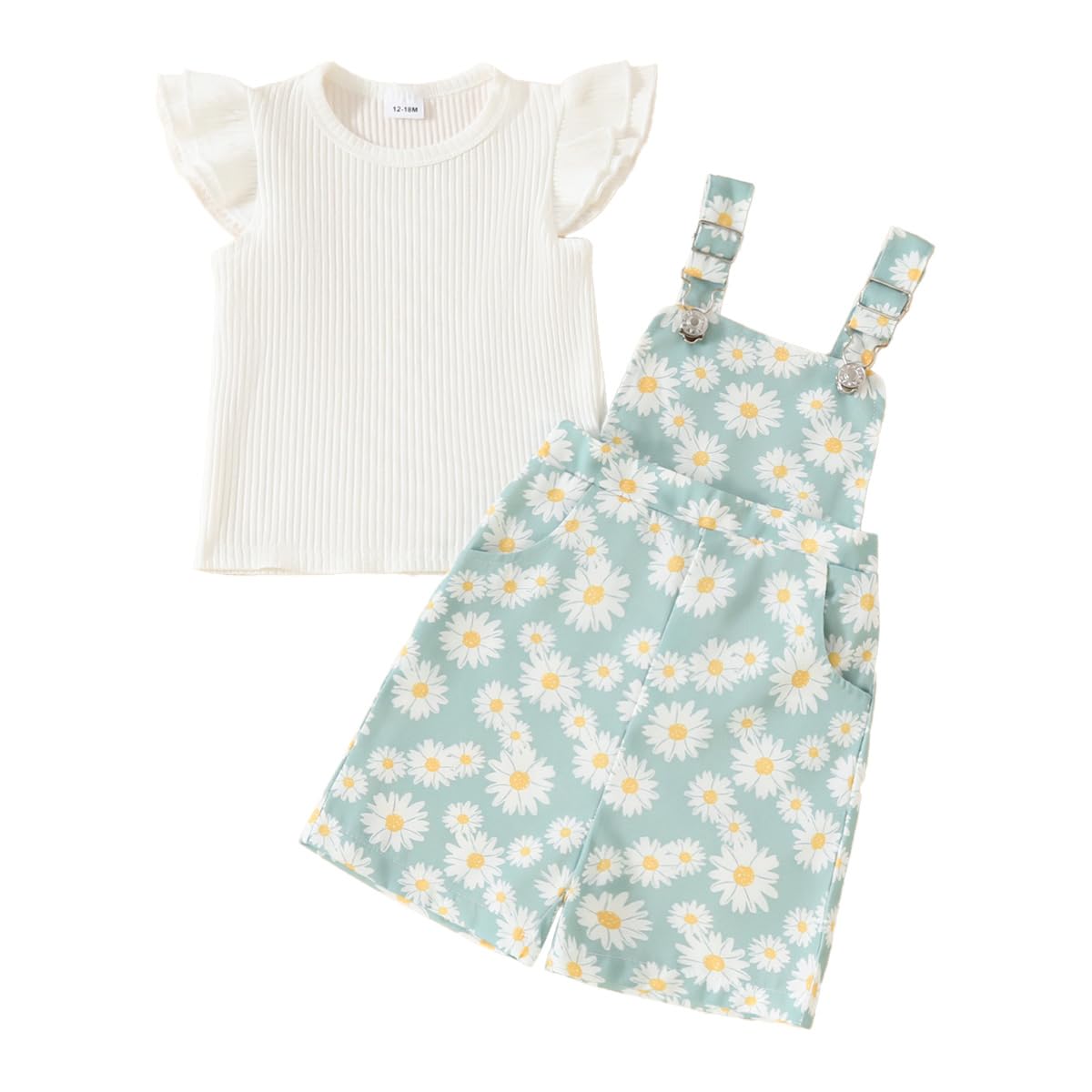 Conjunto Ropa de Verano para Bebé Niña Top de Canalé con Volantes+ Estampado de Margaritas Pantalones Cortos con Peto Bretelles Adorable Infantil Trajes