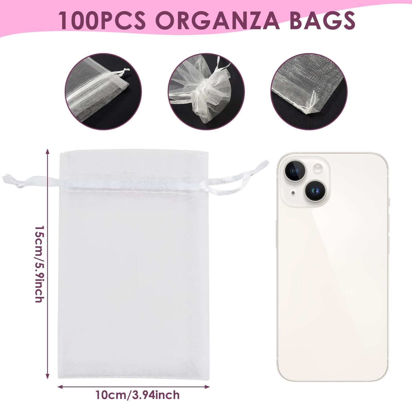 Quelcc 100 szt. białych torebek ze sznurkiem z organzy, 10 x 15 cm, torebki na prezenty z organzy, torebki na biżuterię, torebki z siatki na cukierki, prezenty ślubne, Boże Narodzenie, urodziny