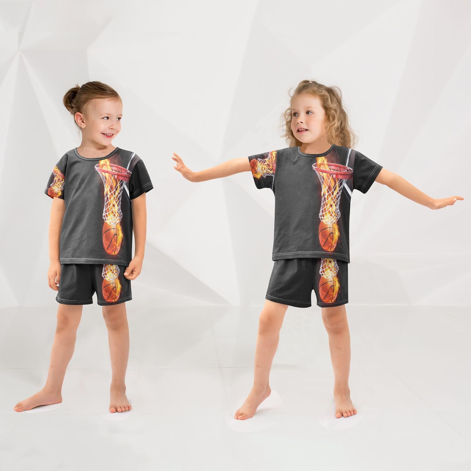 Ensemble de pyjama court pour enfants Flammes Basket Plat Fille Garçon Ensemble de pyjama en coton Ensemble de vêtements de nuit d'été Basketball
