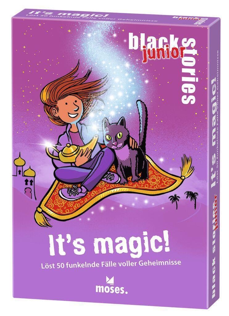 moses 90099 Black Stories Junior It's magic-50 Sparkling Cases Full of Secrets and Magic, The Puzzle Card Game, Two Game Variations, Puzzle Game for Children from 8 Years, White